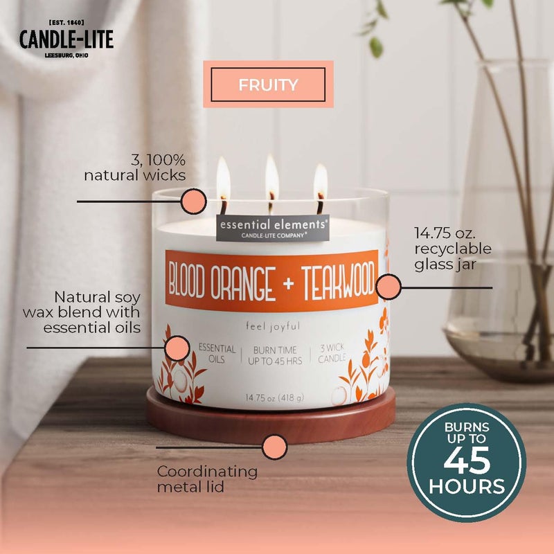 Essential Elements by Candle-lite Scented Candles, Blood Orange & Teakwood Fragrance, One 14.75 oz. Three-Wick Aromatherapy Candle with 45 Hours of Burn Time, Off-White Color - Image 2